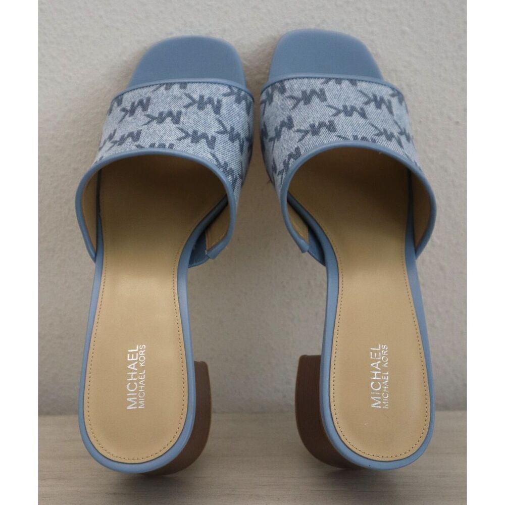 Michael Kors PV24K Women Sz 11M Blue Denim Logo Print Heeled Slides Sandals - Picture 10 of 10